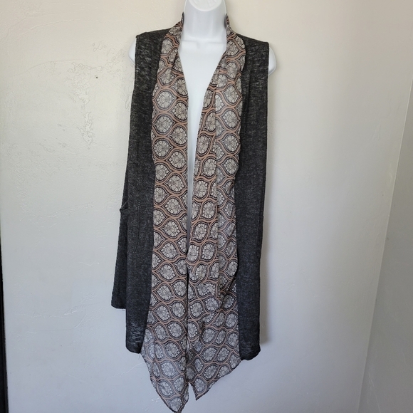 Moa Moa Sleeveless Cardigan Grey Knit Faux Draped Scarf Front XL Made in USA - Picture 1 of 6